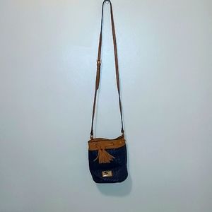 Navy blue small draw string purse.